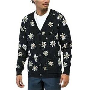 Vans Black Smiley Face Daisy Floral Cotton Knit Cardigan Small